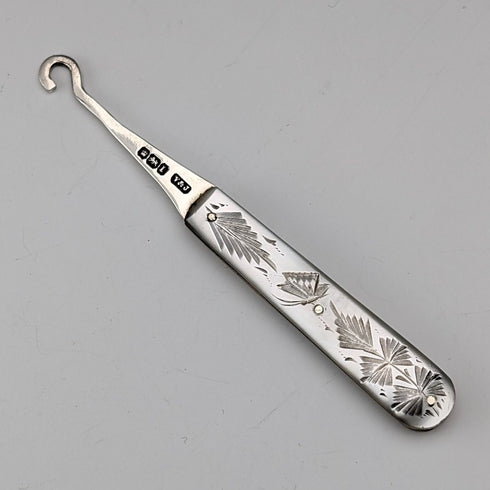 1903 British antique white mother-of-pearl handle, pure silver button hook, Villiers & Jackson