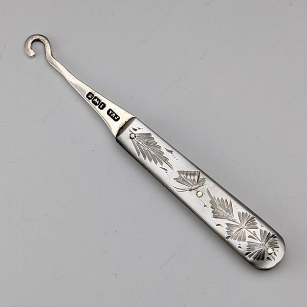 1903 British antique white mother-of-pearl handle, pure silver button hook, Villiers & Jackson