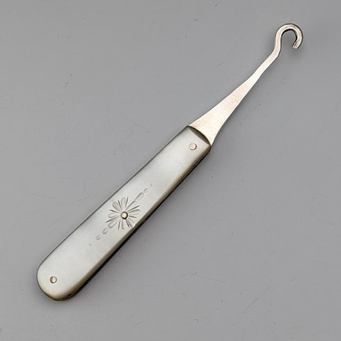 1903 British antique white mother-of-pearl handle, pure silver button hook, Villiers & Jackson