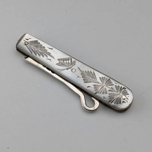 1903 British antique white mother-of-pearl handle, pure silver button hook, Villiers & Jackson