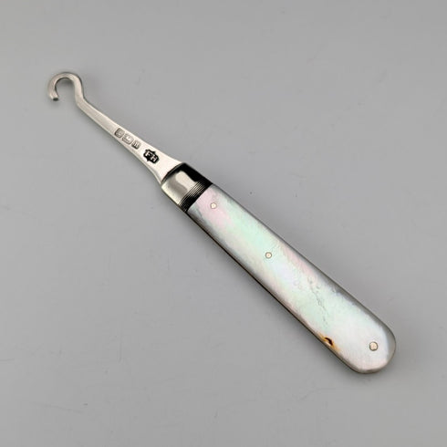 1905 British antique white mother-of-pearl handle pure silver button hook Francis Howard