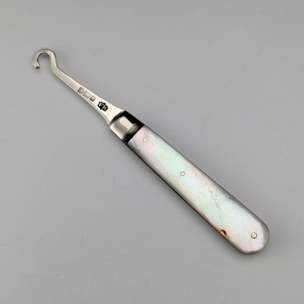 1905 British antique white mother-of-pearl handle pure silver button hook Francis Howard
