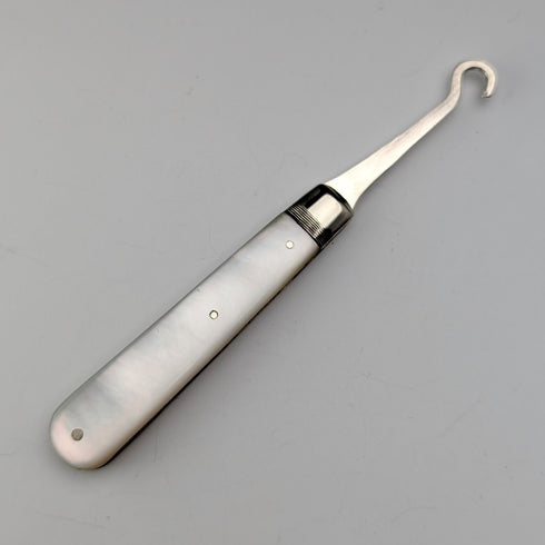 1905 British antique white mother-of-pearl handle pure silver button hook Francis Howard