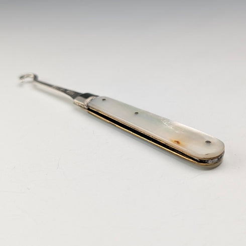 1905 British antique white mother-of-pearl handle pure silver button hook Francis Howard