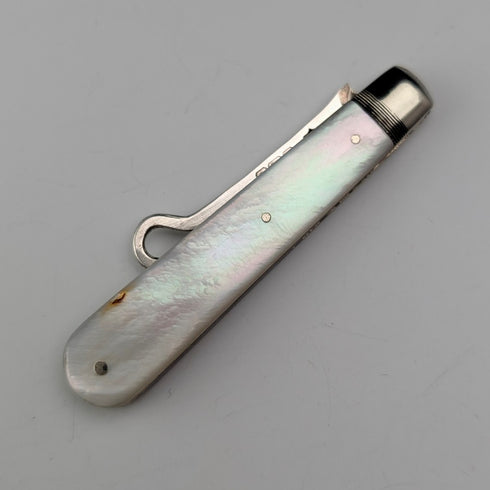 1905 British antique white mother-of-pearl handle pure silver button hook Francis Howard
