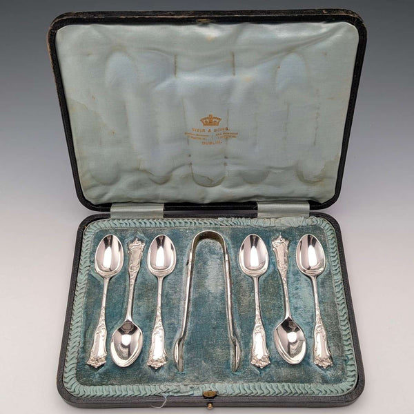 1912 年英國古董 6 純銀茶匙和糖鉗套裝 108 克盒裝 Joseph Rodgers&Sons