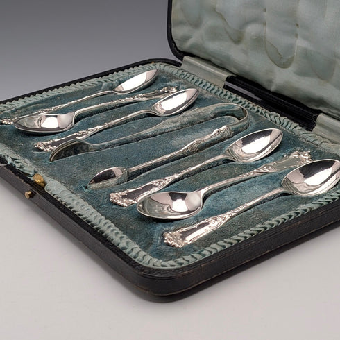 1912年 英国アンティーク 純銀製ティースプーン6本&シュガートングセット 計108g ケース入 Joseph Rodgers&Sons