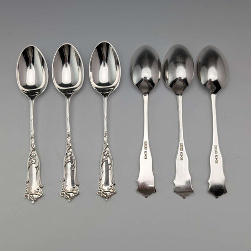 1912 British antique sterling silver tea spoons and sugar tongs set, 6 pieces, 108g, case included, Joseph Rodgers & Sons