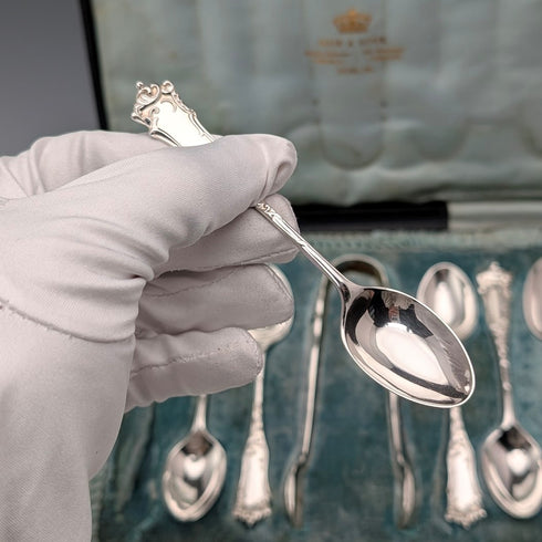 1912年 英国アンティーク 純銀製ティースプーン6本&シュガートングセット 計108g ケース入 Joseph Rodgers&Sons