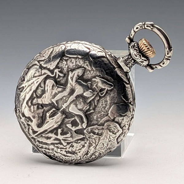 Circa 1902 Antique Longines Pocket Watch with Warrior & Ship Engravings, Silver Side Hunter Case, Good Working Condition