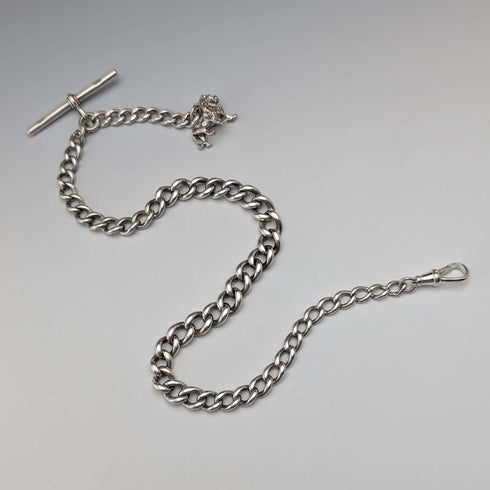 Circa 1900 British antique sterling silver Albert chain, 41g, sterling silver lion passant fob