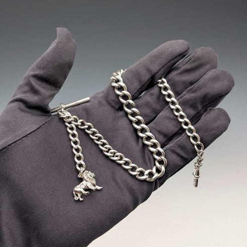 Circa 1900 British antique sterling silver Albert chain, 41g, sterling silver lion passant fob
