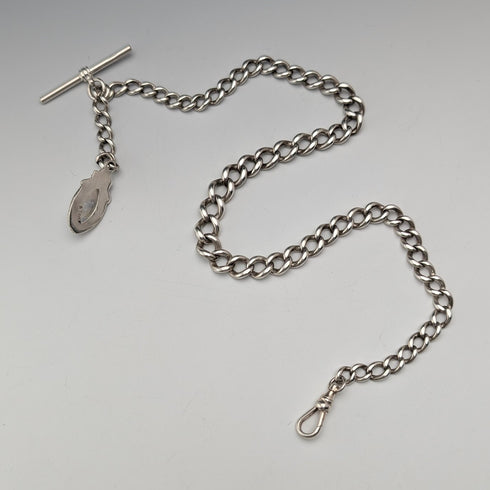 約 1900 年英國古董純銀阿爾伯特鏈 38 克月光石吊墜