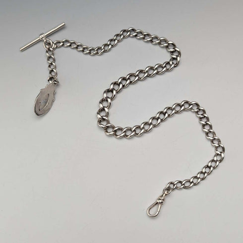 Circa 1900 British antique sterling silver Albert chain, 38g, moonstone fob