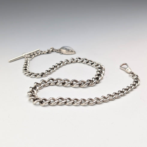 約 1900 年英國古董純銀阿爾伯特鏈 38 克月光石吊墜