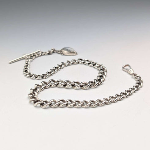 Circa 1900 British antique sterling silver Albert chain, 38g, moonstone fob