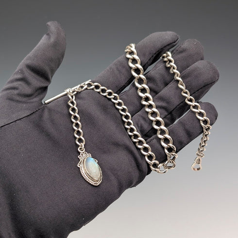 約 1900 年英國古董純銀阿爾伯特鏈 38 克月光石吊墜