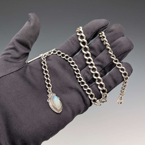 Circa 1900 British antique sterling silver Albert chain, 38g, moonstone fob