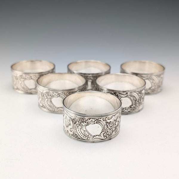 Antique British silver plate napkin rings, set of 6