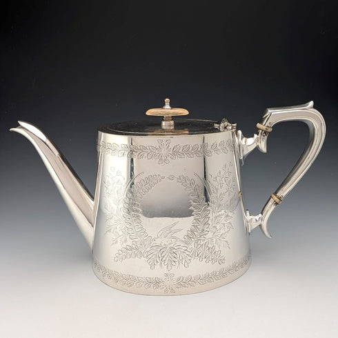 Circa 1900 British antique silver plate drum-shaped teapot