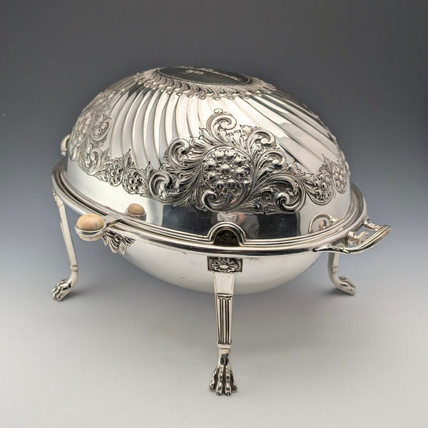 Circa 1902 British antique silver plate roll-top breakfast dish by HENRY STRATFORD