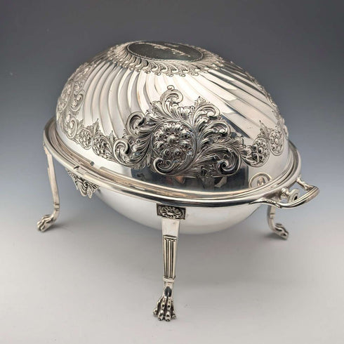 Circa 1902 British antique silver plate roll-top breakfast dish by HENRY STRATFORD