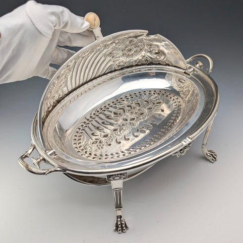 Circa 1902 British antique silver plate roll-top breakfast dish by HENRY STRATFORD