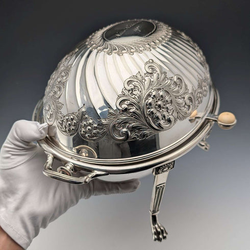 Circa 1902 British antique silver plate roll-top breakfast dish by HENRY STRATFORD