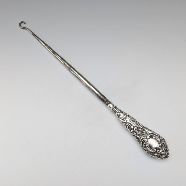 1897 British antique sterling silver handle large button hook Henry Matthews