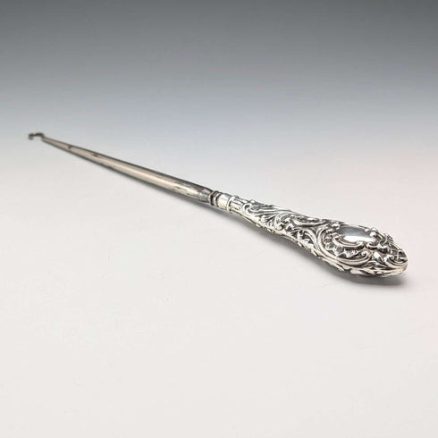 1897 British antique sterling silver handle large button hook Henry Matthews