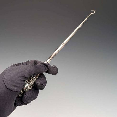 1897 British antique sterling silver handle large button hook Henry Matthews