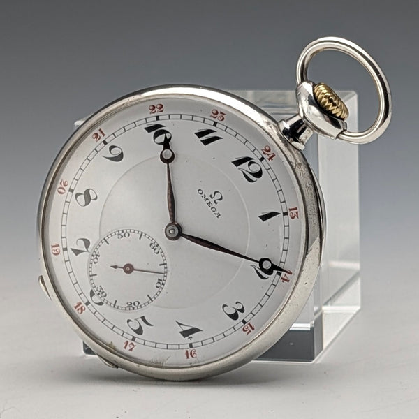 約 1915 年古董歐米茄懷錶,銀色側面薄型開放面,工作狀況良好