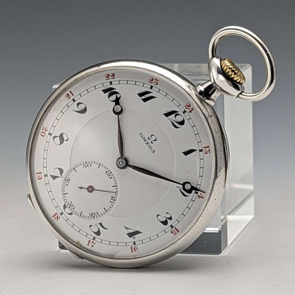 Circa 1915 Antique Omega Pocket Watch, Silver Thin Open Face, Good Working Condition