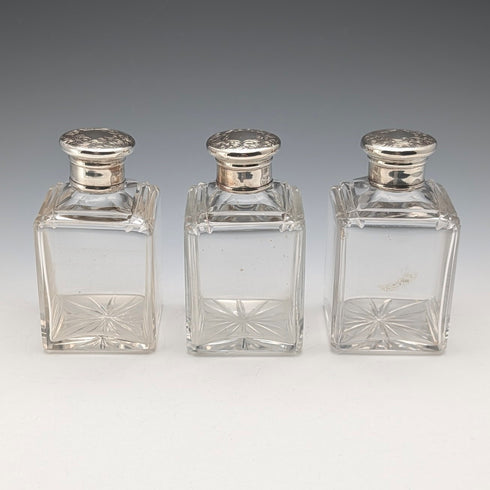 1867 British antique silver-capped glass bottles, set of three, James Vickery