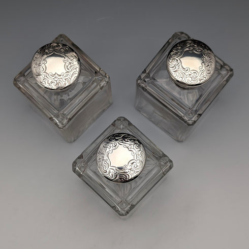 1867 British antique silver-capped glass bottles, set of three, James Vickery
