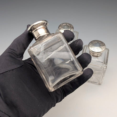 1867 British antique silver-capped glass bottles, set of three, James Vickery