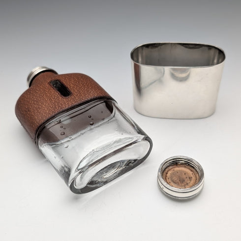 Vintage British leather and silver plate glass flask James Dixon & Sons