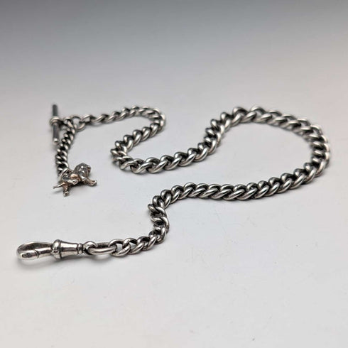 Circa 1900 British antique sterling silver Albert chain, 42g, sterling silver lion passant fob
