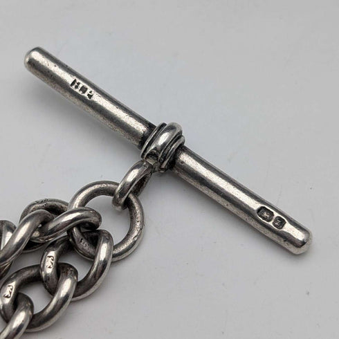 Circa 1900 British antique sterling silver Albert chain 40g sterling silver & amber fob