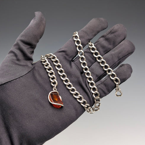 約 1900 年英國古董純銀阿爾伯特鏈 40 克純銀和琥珀吊墜