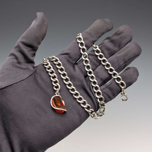 Circa 1900 British antique sterling silver Albert chain 40g sterling silver & amber fob