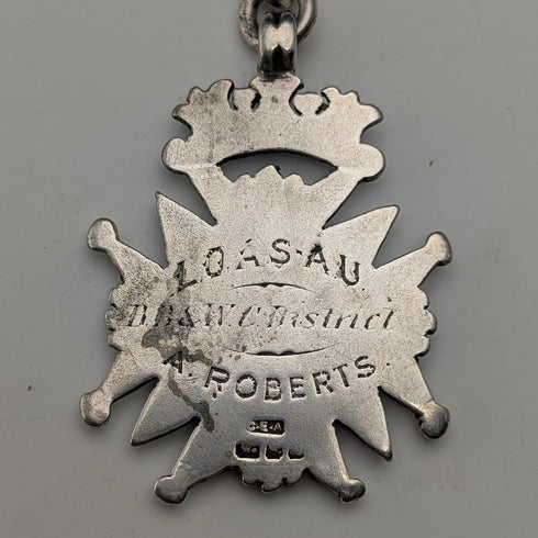 Circa 1900 British antique sterling silver Albert chain, 56g sterling silver medal fob
