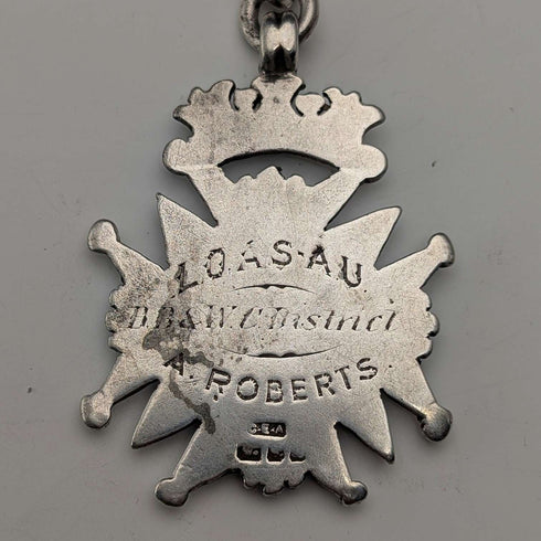 Circa 1900 British antique sterling silver Albert chain, 56g sterling silver medal fob