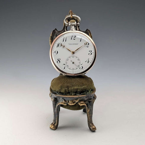 1920s Brass Chair-Shaped Pocket Watch Holder with Khaki Seat