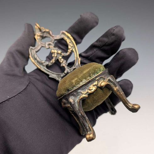 1920s Brass Chair-Shaped Pocket Watch Holder with Khaki Seat