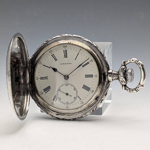 1901年頃 アンティーク ロンジン 懐中時計 細密浮彫彫刻 銀側ハンターケース 動作良好