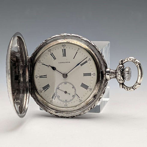 1901年頃 アンティーク ロンジン 懐中時計 細密浮彫彫刻 銀側ハンターケース 動作良好