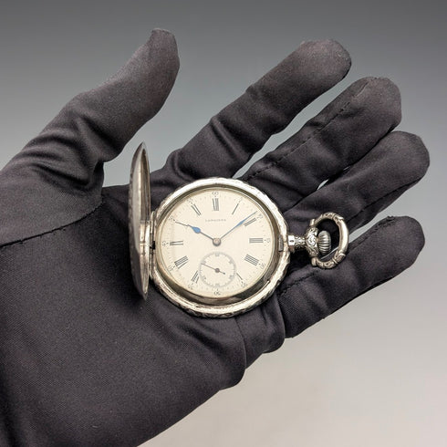 1901年頃 アンティーク ロンジン 懐中時計 細密浮彫彫刻 銀側ハンターケース 動作良好