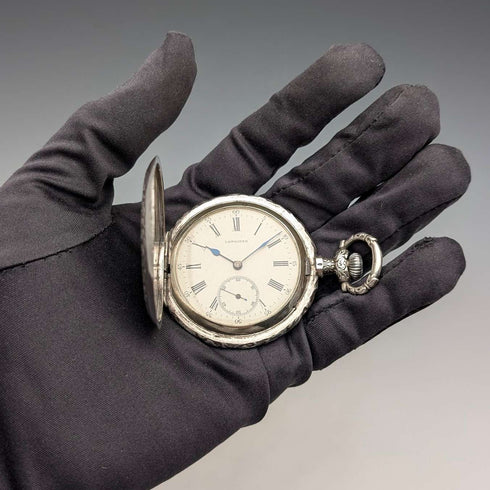 1901年頃 アンティーク ロンジン 懐中時計 細密浮彫彫刻 銀側ハンターケース 動作良好