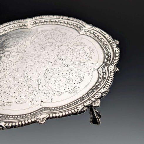 1893 British antique sterling silver Salva card tray diameter 23cm 413g Charles Boyton